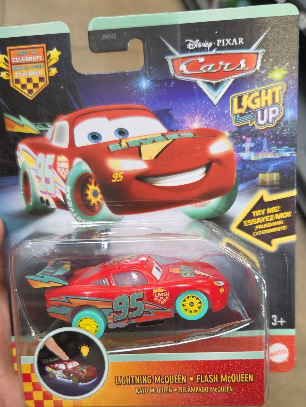 New In Package, Mattel Lightning McQueen Light-Up Toy Car Race To Celebrate